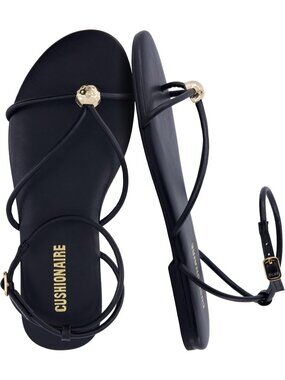 Women's Black Strappy Flat Sandals Toe Ring Sandals with Adjustable Buckle